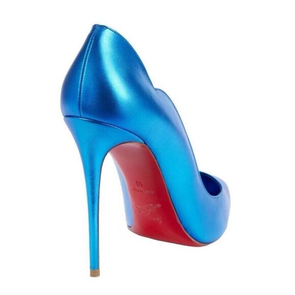 CHRISTIAN LOUBOUTIN Hot Chick 100 Kid Laminato Metallic Alize Blue Pumps 37 - Picture 5 of 7